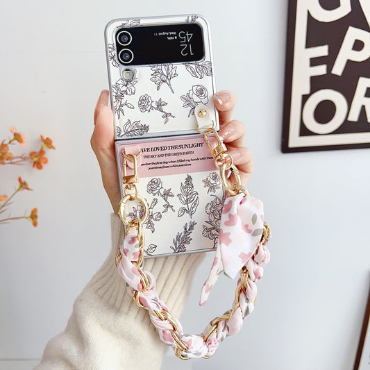 For Samsung Galaxy Z Flip3 5G Pearlescent Paint Painted PC Phone Case with DIY Scarf Bracelet(Sketch Flower) by bashfashion