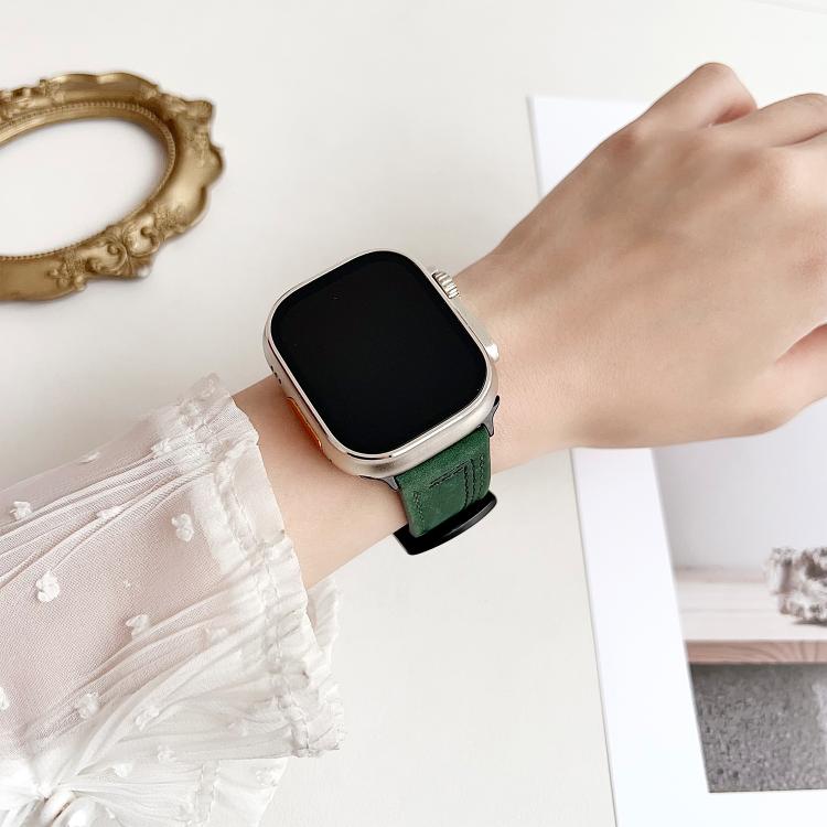 For Apple Watch 46mm / 49mm / 45mm / 44mm 7-Line Tri-Star Buckle Pull Up Leather Watch Band(Crazy Horse Army Green Black Thread) by bashfashion