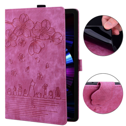 For Samsung Galaxy Tab S9+ /S8+ /S7+ Cartoon Sakura Cat Embossed Smart Leather Tablet Case(Rose Red) by bashfashion