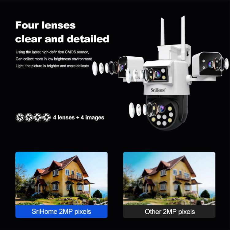 SriHome SH066 8MP HD Quad Lens Security Camera, Support Full Color Night Vision / Two-way Audio(US Plug) by SriHome