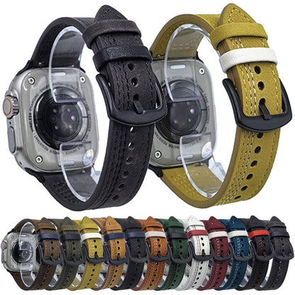 For Apple Watch 42mm / 41mm / 40mm / 38mm 7-Line Tri-Star Buckle Pull Up Leather Watch Band(Dark Blue White Thread) by bashfashion