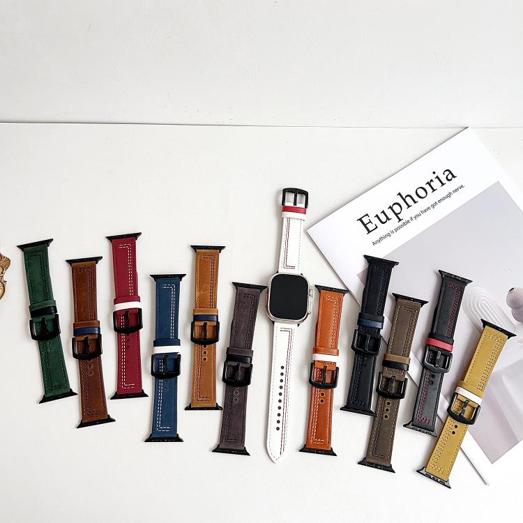 For Apple Watch 42mm / 41mm / 40mm / 38mm 7-Line Tri-Star Buckle Pull Up Leather Watch Band(Black Blue Thread) by bashfashion