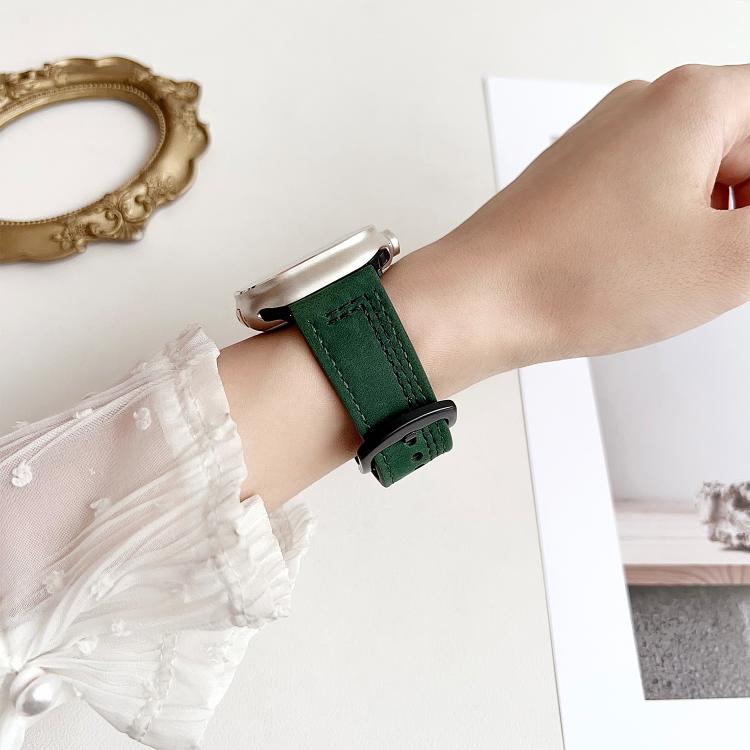 For Apple Watch 42mm / 41mm / 40mm / 38mm 7-Line Tri-Star Buckle Pull Up Leather Watch Band(Black Blue Thread) by bashfashion